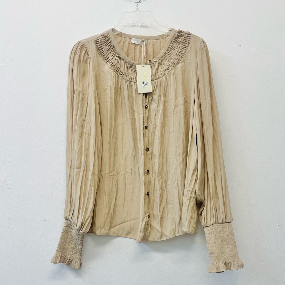 Ramy Brook Beige Long-Sleeve Smocked Yoke Blouse medium - Picture 3 of 7